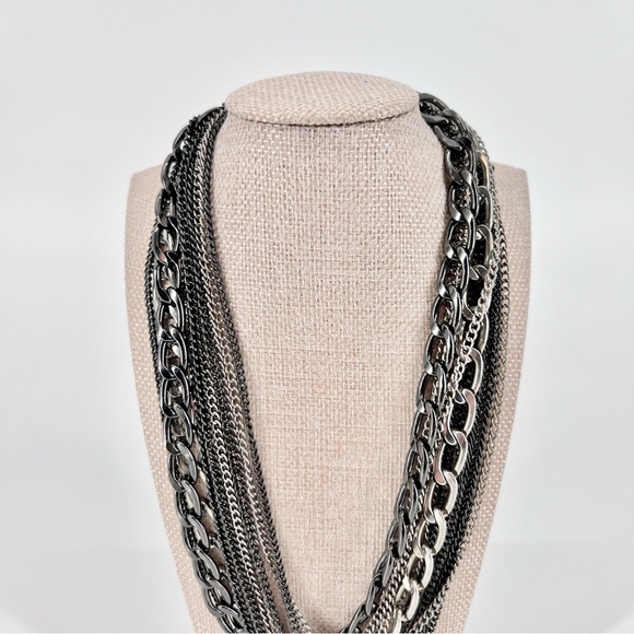 Layered Mixed Metal Chain Necklace Multi Strand Gunmetal Silver Edgy Punk Goth - Picture 3 of 15